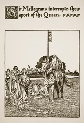 Sir Mellegrans interrompe o esporte da rainha, ilustração de "A história de Sir Lancelotte e seus companheiros", 1907